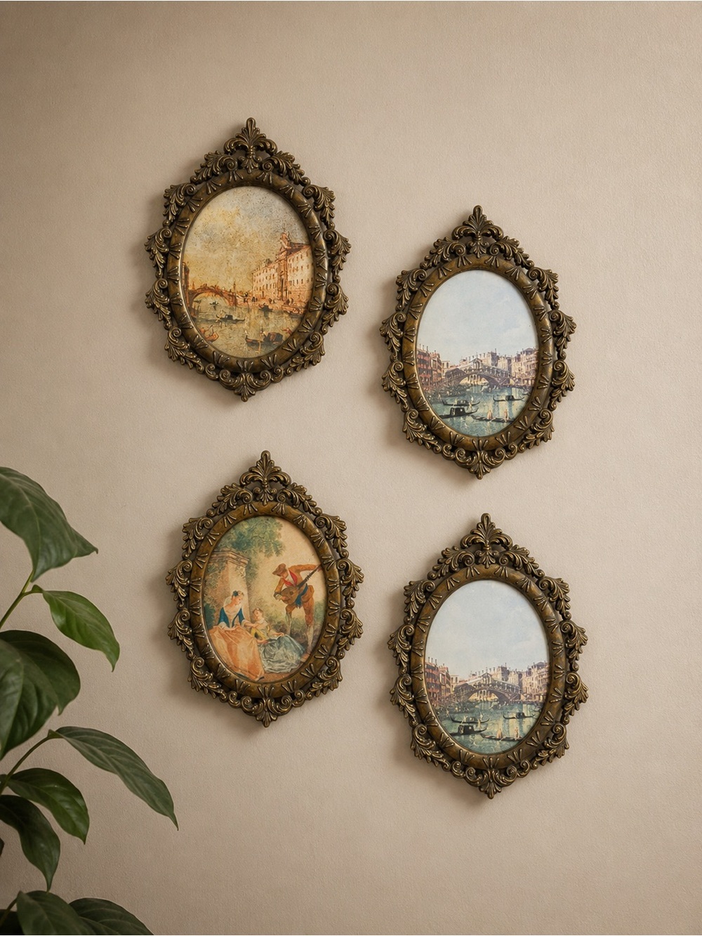 4 Vintage Miniature Ornate Brass Oval Victorian Picture Frames - Made In Italy